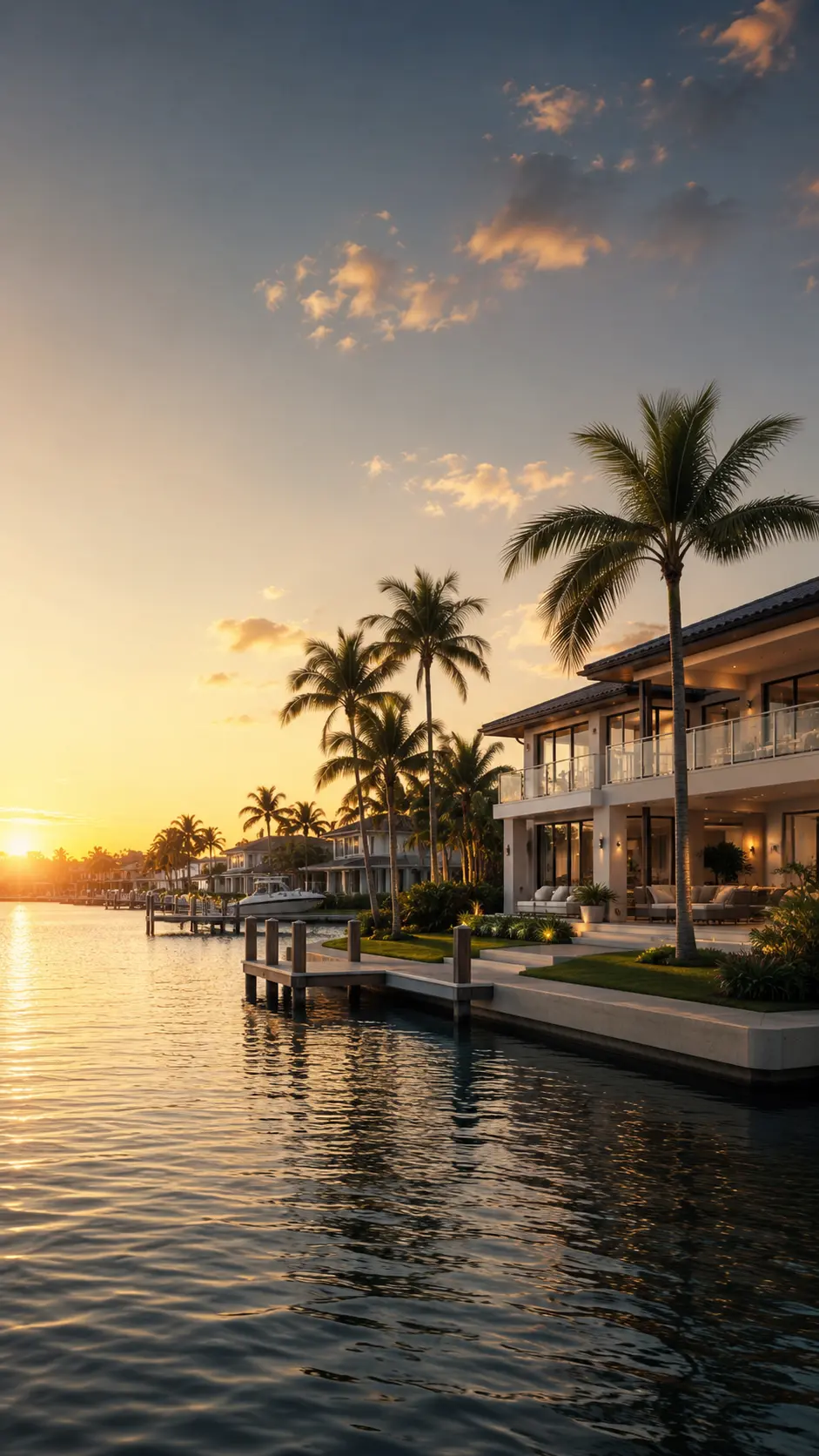 Residencia de lujo frente al canal en Florida al atardecer